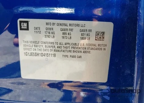 2013 Chevrolet Sonic Ltz Auto из США, поврежденный, VIN 1G1JE5SH1D4151118